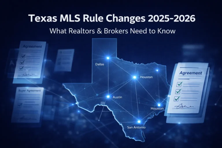 Modern digital illustration of Texas map with connected MLS regions and floating buyer agreement documents for Texas MLS rule changes 2025–2026