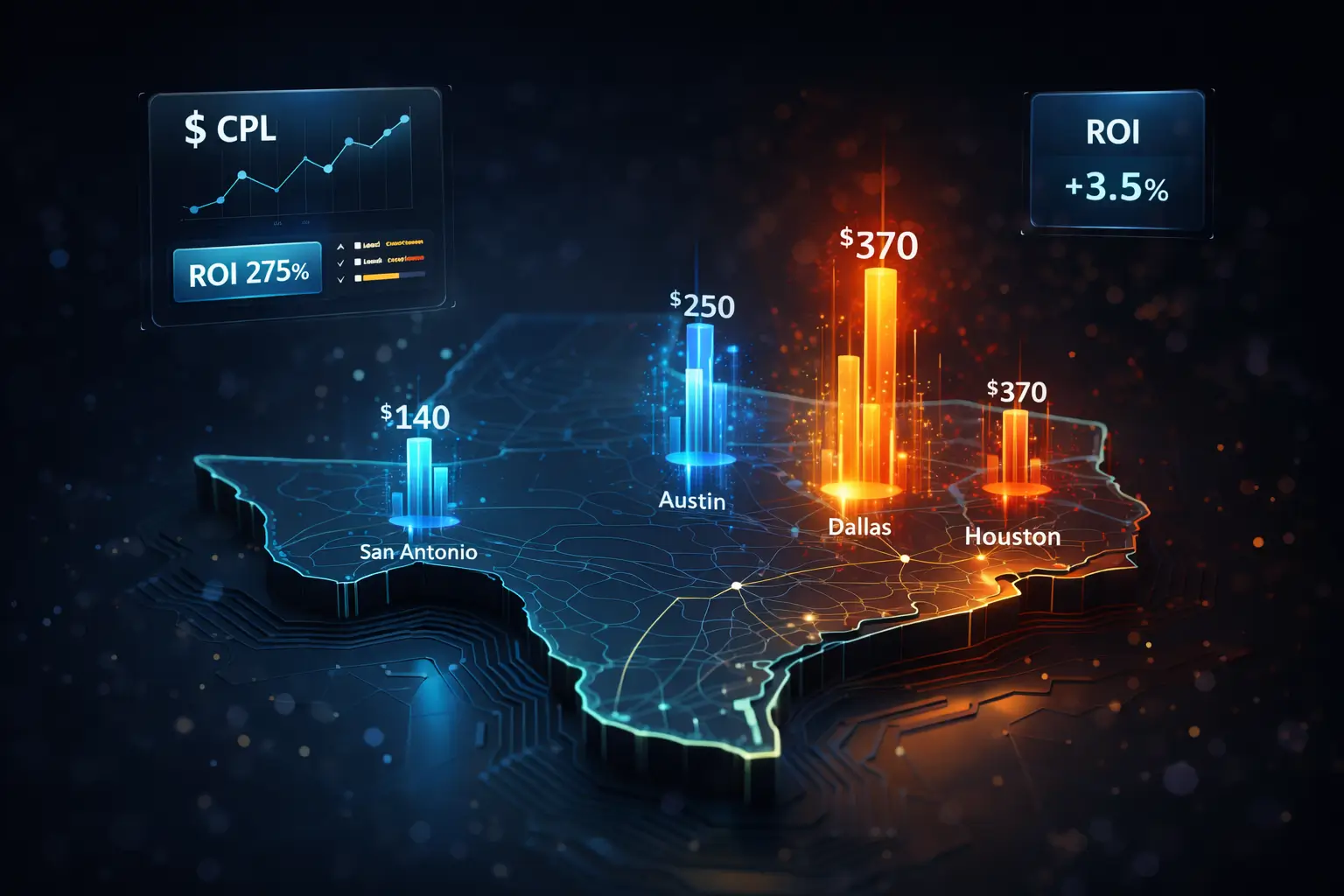 Texas real estate lead cost analysis on laptop with marketing ROI reports and city skyline background