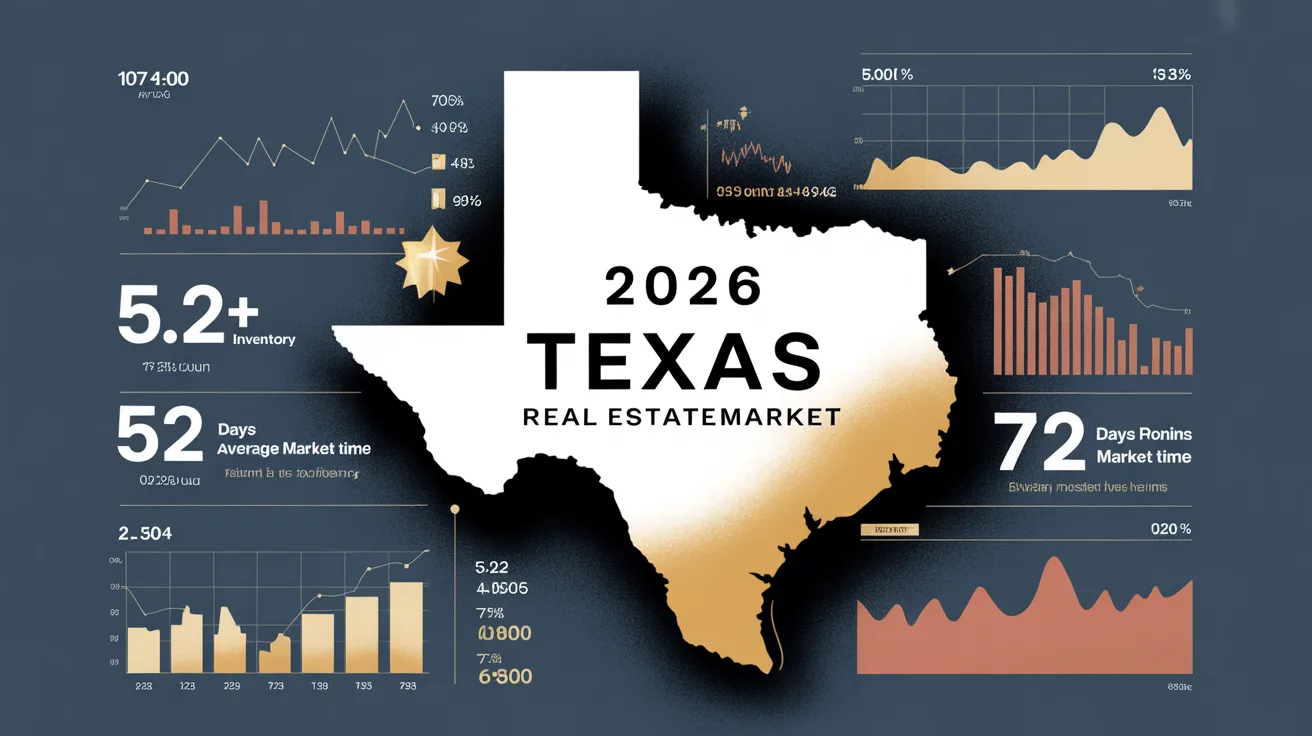Texas real estate trends 2026 infographic showing 5.2+ months inventory, 72 days on market, and statewide housing data charts