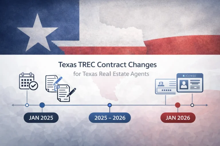 Modern Texas real estate office desk with TREC 20-18 contract form, laptop displaying “TREC Contract Changes 2025–2026,” house keys, and a subtle Texas state outline in navy, gold, and white.