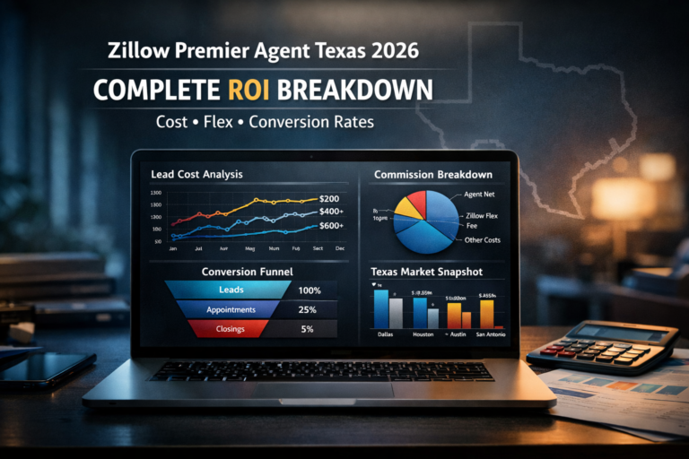 Texas skyline with flag representing Zillow Premier Agent Texas ROI guide showing costs and performance analysis for 2026 real estate agents