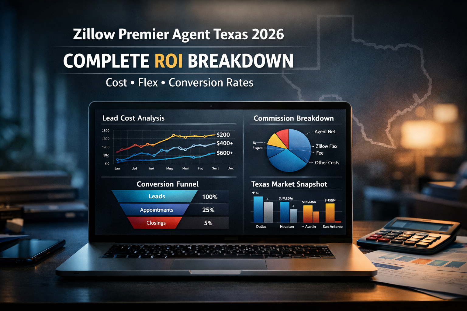 Texas skyline with flag representing Zillow Premier Agent Texas ROI guide showing costs and performance analysis for 2026 real estate agents