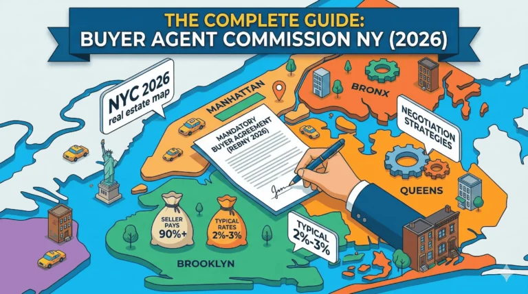 Illustrated NYC map showing buyer agent commission New York 2026 with borough breakdown, buyer-broker agreement, and typical 2–3 percent commission rates across Manhattan, Brooklyn, Queens, and Bronx