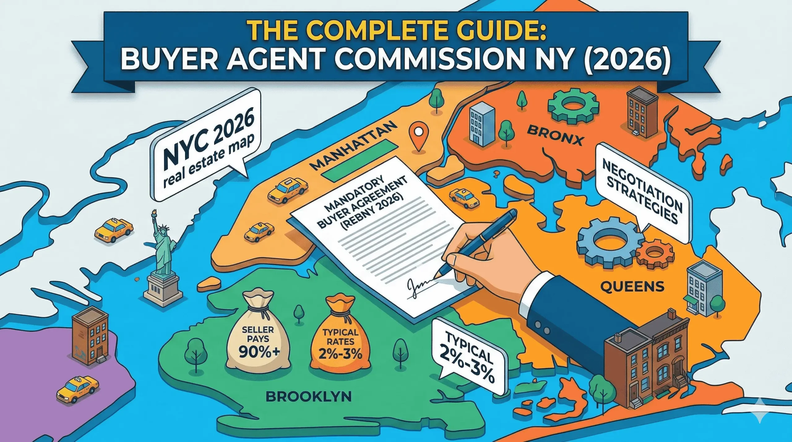 Illustrated NYC map showing buyer agent commission New York 2026 with borough breakdown, buyer-broker agreement, and typical 2–3 percent commission rates across Manhattan, Brooklyn, Queens, and Bronx