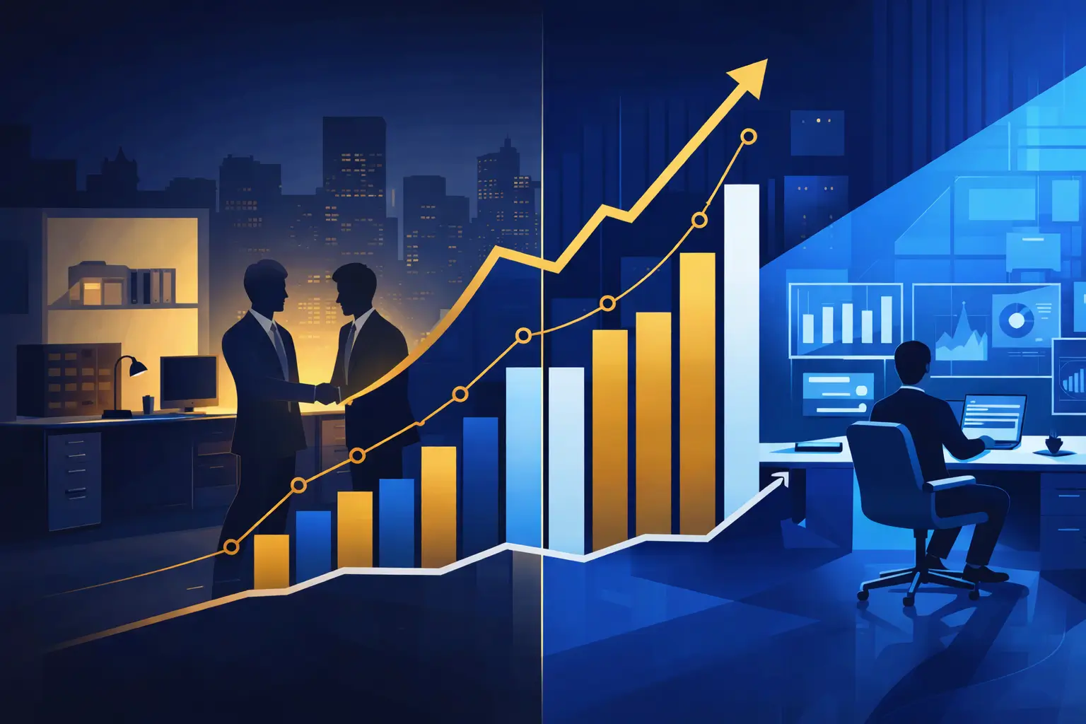 Illustration comparing traditional and modern tech-enabled real estate brokerage commission models with upward commission growth chart and professionals working in office environments.